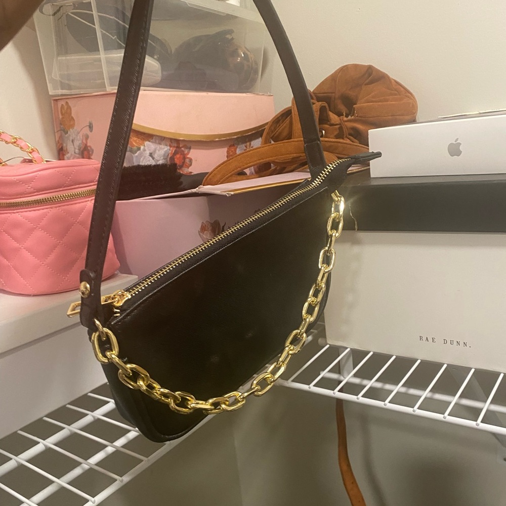 Black , Gold chain accent Shoulder Bag